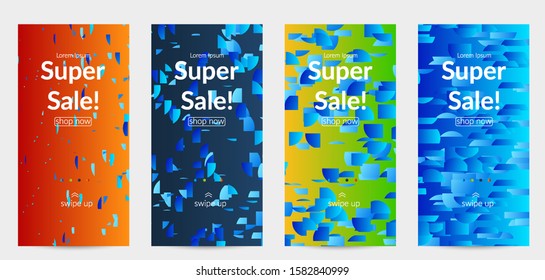 Abstract stories templates with small bright paper pieces on gradient background. Dynamic modern design with glitch gradient lines. Simple colorful futuristic elements.