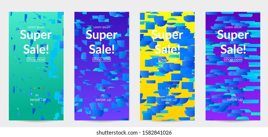 Abstract stories templates with small bright paper pieces on gradient background. Dynamic modern design with glitch gradient lines. Simple colorful futuristic elements.