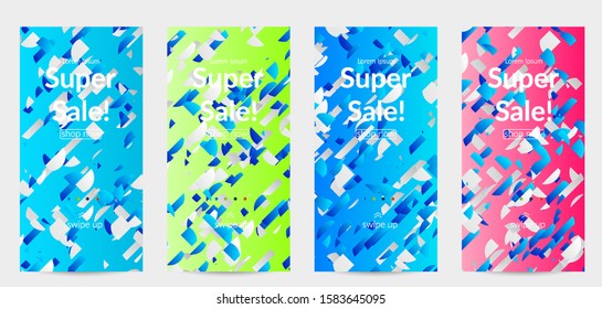 Abstract stories templates with small bright paper pieces on gradient background. Dynamic modern design with glitch gradient lines. Simple colorful futuristic elements.