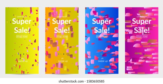 Abstract stories templates with small bright paper pieces on gradient background. Dynamic modern design with glitch gradient lines. Simple colorful futuristic elements.