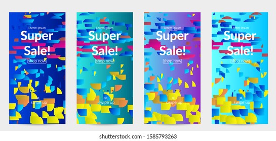 Abstract stories templates with small bright paper pieces on gradient background. Dynamic modern design with glitch gradient lines. Simple colorful futuristic elements.