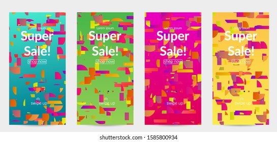 Abstract stories templates with small bright paper pieces on gradient background. Dynamic modern design with glitch gradient lines. Simple colorful futuristic elements.