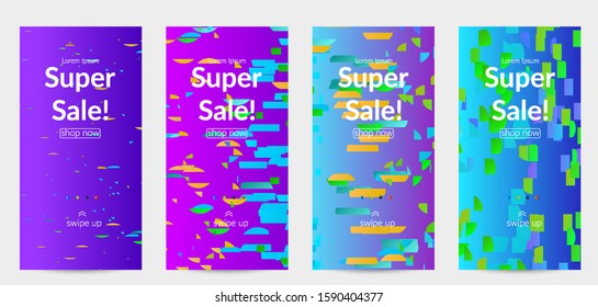 Abstract stories templates with small bright paper pieces on gradient background. Dynamic modern design with glitch gradient lines. Simple colorful futuristic elements.