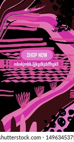 Abstract stories vertical backgraund in memphis style. Background with buy now button. Design for store profile. Pink girl colors. Vector illustration.