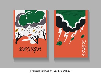 Tormenta Abstractas y la lluvia ilustración con relámpagos y hojas que caen. Ideal para el diseño de carteles, diseños editoriales, temas estacionales, conceptos de Clima y fondos creativos.