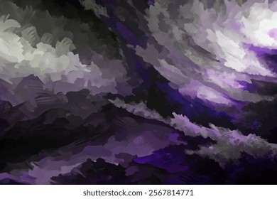 Abstract stormy clouds, dark purple hues, textured brush strokes, moody atmosphere, artistic background design.