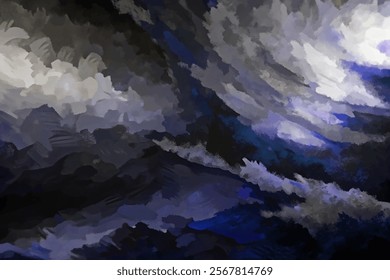 Abstract stormy sky, dark clouds, swirling patterns, dramatic lighting, textured brush strokes, moody atmosphere.