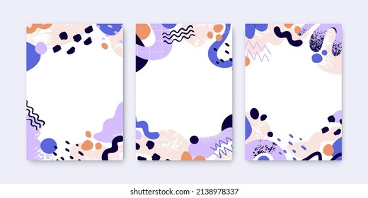 Abstract story backgrounds with geometric shapes pattern. Creative cards designs set. Modern minimalistic vertical banners with trendy organic elements, blobs, blots. Flat vector illustrations