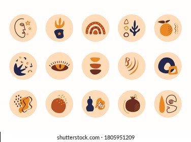 Abstract story highlight cover contemporary style. Set of  boho hand drawn shapes doodle. Round vector social media stories for bloggers
