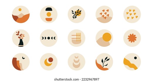 Abstract story highlight cover. Hand drawn shapes doodle set boho contemporary style. Vector round social media stories for bloggers. Abstract stories contemporary style, sun moon story round icons.