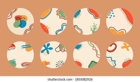 Abstract story highlight cover set. Collection of contemporary artistic round icons, modern hand drawn social media stories for bloggers. Vector illustrations