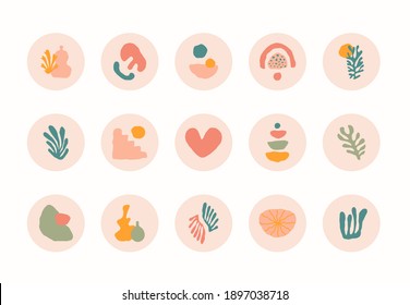 Abstract story highlight cover set. Minimalist round vector social media stories for bloggers boho style. Contemporary hand drawn shapes