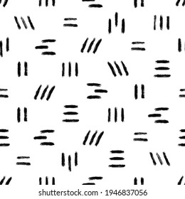 Abstract straight and diagonal lines monochrome seamless pattern. Black and white hand drawn grunge ink brush texture background vector illustration.