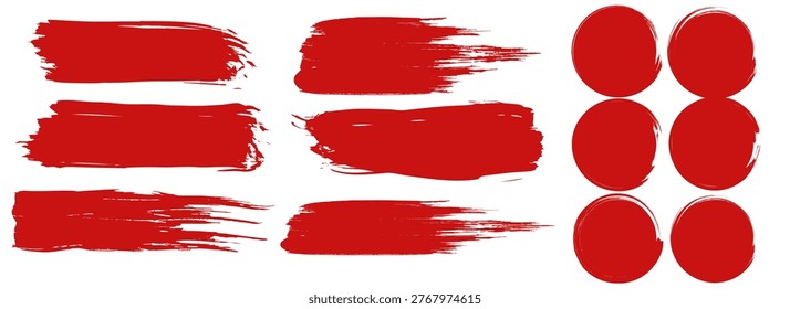 Abstract straight red ink vector lines pack. Bloody color long and round hand-drawn brushstroke text highlights, frames, circles. Asian calligraphy brushstroke set. modern art eps10