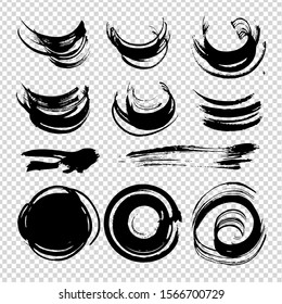 Abstract straight and round black brushstrokes of different smears isolated on imitation transparent background