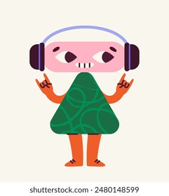 Abstract strange character. Geometrical strange person in headphones. Cute monster or devil. Imagination and fantasy. Poster or banner. Cartoon flat vector illustration isolated on beige background