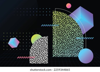 Resumen extraña composición de formas orgánicas con degradado de iridiscente líquido decorativo objetos geométricos ilustración de fondo en estilo futurista
