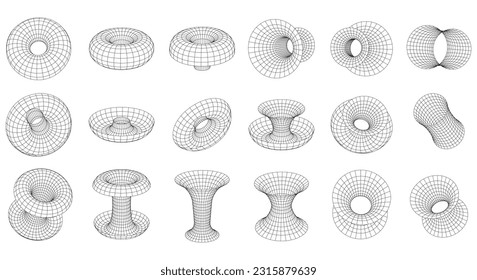 Abstract Strange Wireframe 3D shapes. Torus, black holes, pipes, funnels. Distorted grid, 3D Mesh. Set of different vector graphic design elements in 80s cyberpunk style.