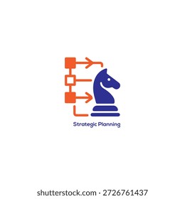 Ícone de planejamento estratégico abstrato ilustração vetorial de cavaleiro de xadrez azul com fluxograma laranja para crescimento de negócios e liderança corporativa
