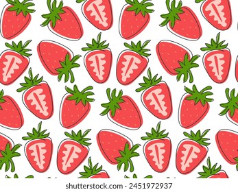 Abstract Strawberries slice seamless pattern. Simple Drawing illustration. Doodle summer delicious berry. Sweet dessert fruit vitamin. Background for wallpaper, cover, packaging, card, poster