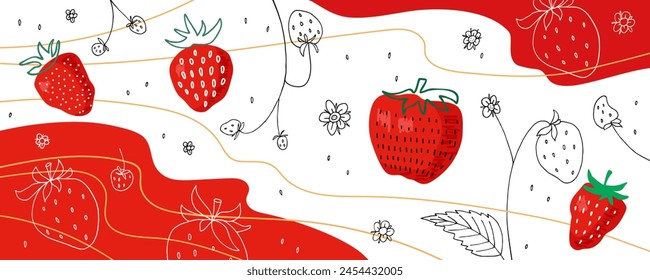 Abstract strawberry background. Fresh farm fruits for packaging juices, jam, yoghurts and other products Summer vitamin flat vector for menu, cafe, restaurant, banner, emblem, recipe design