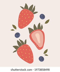 Abstract strawberry and blueberry fruit vector, summer fruit illustration, boho strawberry poster vector