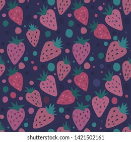 Abstract strawberry seamless pattern on a black background. Summer fruit hand drawn strawberries wallpaper. Template for kitchen design, package, home textile. Vector illustration