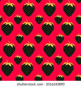 Abstract Strawberry seamless pattern on red background. Endless cute fruit texture for wallpaper, textile, fabric, t shirt print etc
