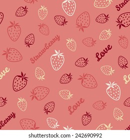 Abstract strawberry texture, endless berry background. Endless fruit ornament with typography. Seamless pattern with Strawberries, summer harvest background. Dessert backdrop. Summer template.