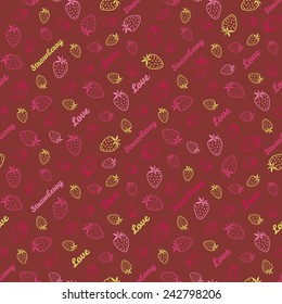 Abstract strawberry texture, endless berry background. Endless fruit ornament with typography. Seamless pattern with Strawberries, summer harvest background. Dessert backdrop. Summer template.