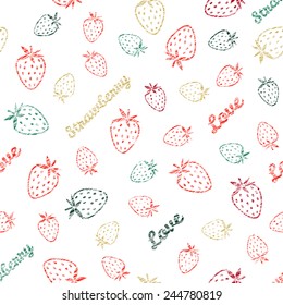 Abstract strawberry texture, endless berry background. Endless fruit ornament with typography. Dessert backdrop. White background template.
