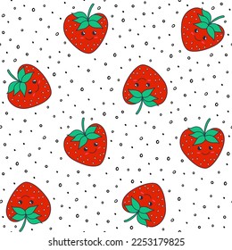 Abstract strawberry vector seamless  pattern. Random red berries and small black spots on white background. Irregular chaotic hand drawn elements. Modern decorative print.