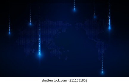 Resumen una secuencia de números de código binario en el monitor son la matriz de computadora del mapa mundial. Antecedentes de innovación de concepto de comunicación Hitech, diseño de vector