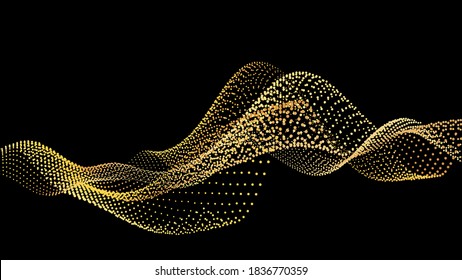 An abstract stream of golden radiance flying in outer space through galaxies and orbits. Star clusters gathered in networks, twisting in laces woven into a stream. Spiral energy bunches intersecting.