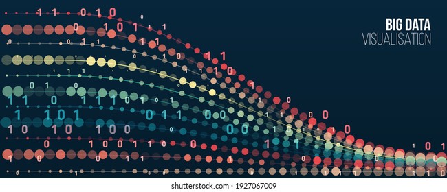 Abstract stream information with ball array and binary code. Filtering machine algorithms. Sorting data. Vector technology background. Big data visualization. Information analytics concept.