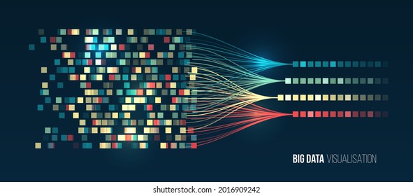 Abstract stream information with ball array and binary code. Filtering machine algorithms. Sorting data. Vector technology background. Big data visualization. Information analytics concept. - Shutterstock ID 2016909242