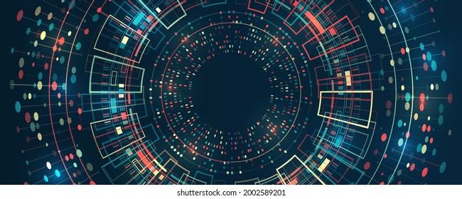 Abstract stream information with circles array and binary code. Filtering machine algorithms. Sorting data. Vector technology background. Wide Big data visualization. Information analytics concept. 