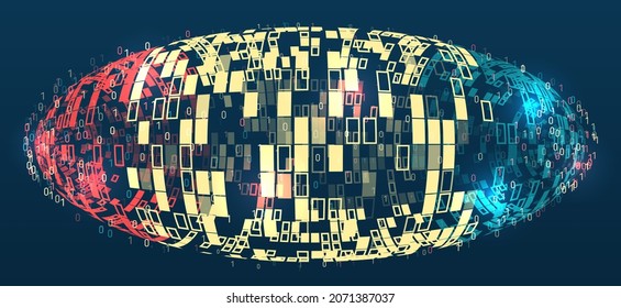 Abstract stream information with circles array and binary code. Information analytics concept. Filtering machine algorithms. Sorting data. Vector technology background. Big data visualization.