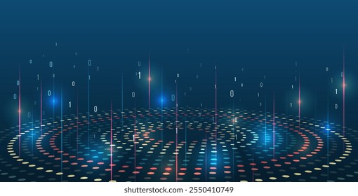 Abstrakte Strominformation mit Kreisarray und Binärkode. Algorithmen der Filtermaschine. Große Datenvisualisierung. Informationsanalytik-Konzept. Daten werden sortiert. Vektortechnologie-Hintergrund.