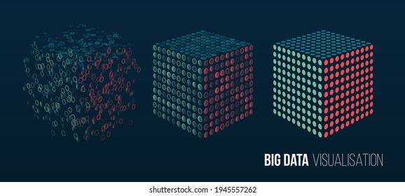 Abstract stream information with squares array and binary code. Filtering machine algorithms. Cube Big data visualization. Information analytics concept. Sorting data. Vector technology background.