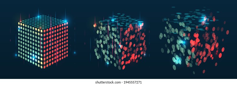 Abstract stream information with squares array and binary code. Filtering machine algorithms. Cube Big data visualization. Information analytics concept. Sorting data. Vector technology background.