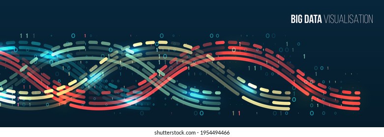 Abstract stream information with waves array, lines binary code. Filtering machine algorithms. Sorting data. Vector technology background. Big data visualization. Information analytics concept.