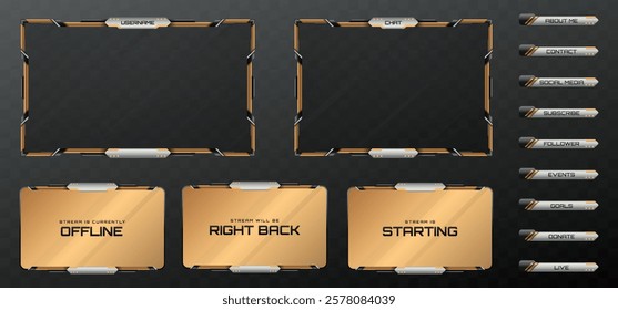 Abstract Stream Overlay with Webcam Frame, Alerts, and GUI Panels in Metallic Black, Silver, and Gold for Gaming  Live Streaming Graphics