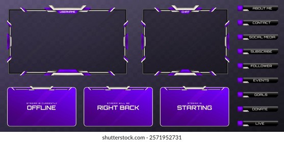 Abstract Stream Overlay Webcam Screen Frame and Stream Alert GUI Panels in Metallic Black, Silver, and Indigo Color-Themed for Gaming and Live Video Streaming Platforms