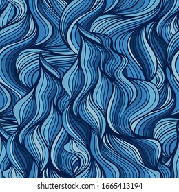 Abstract streaming cool water seamless background. Vertical wavy striped pattern. Repeatable decorative ornament in deep blue colors. Stylized river endless backdrop. Vector illustration.