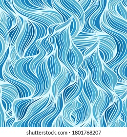 Abstract streaming water seamless background. Vertical wavy striped pattern. Repeatable decorative ornament in blue colours. Stylized river endless backdrop. Vector illustration.