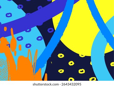 Abstract street art background with bold graffiti-style brush strokes, spray splatter, and urban pop colors in blue, orange, and yellow. Ideal for modern design.