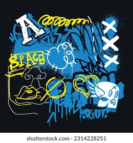 Abstract street art graffiti print with tags, drawings, inscriptions and spray paint fill. Urban wall scribbles background. Ideal for poster, t-shirt print, textile, interior. Vactor illustration.