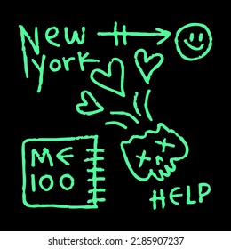 Abstract street art graffiti, with skeleton, smile emoji, unique quote, love symbol. Artwork for street wear, t shirt, posters, bomber jackets, hoodie, patchworks, enamel pins; for clothes.