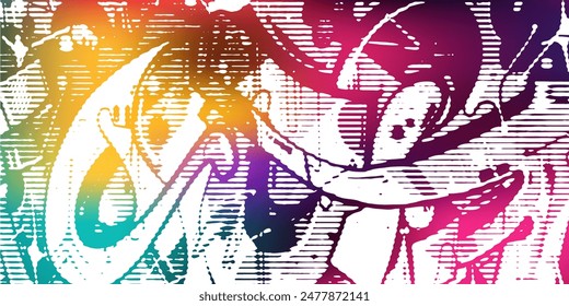 Abstract street art graffiti with vibrant colors displayed on a concrete wall backdrop, creating an urban pattern with a copy space image.